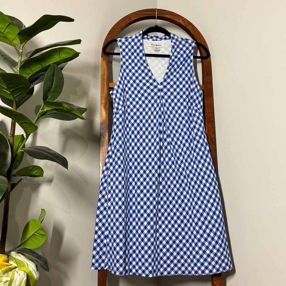 Tommy Bahama SMALL Blue White Bonita Check Sleeveless Linen Blend Shift Dress